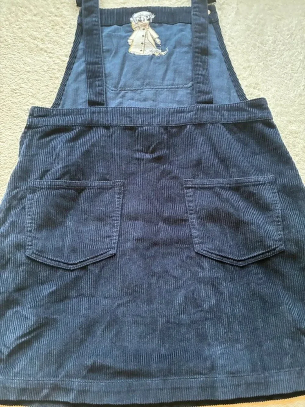 Coraline Corduroy Pinafore Dress Navy Embroidered Detail USL